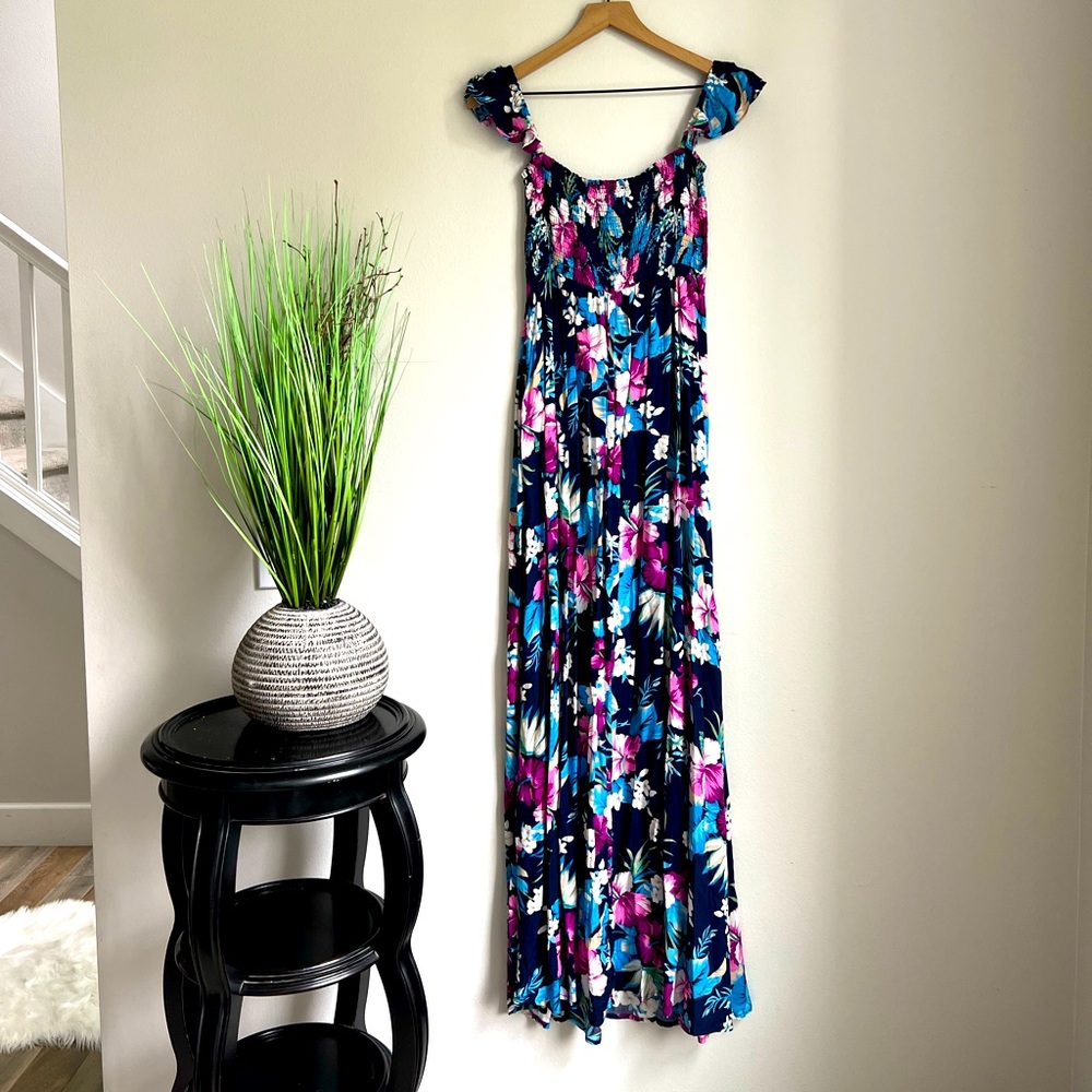 Aakaa Hawaiian Vibrant Floral Maxi Dress - Navy and Fuchsia Flowy Silhouette